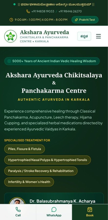 Akshara Ayurveda website on a phone, with Call, WhatsApp and Book buttons